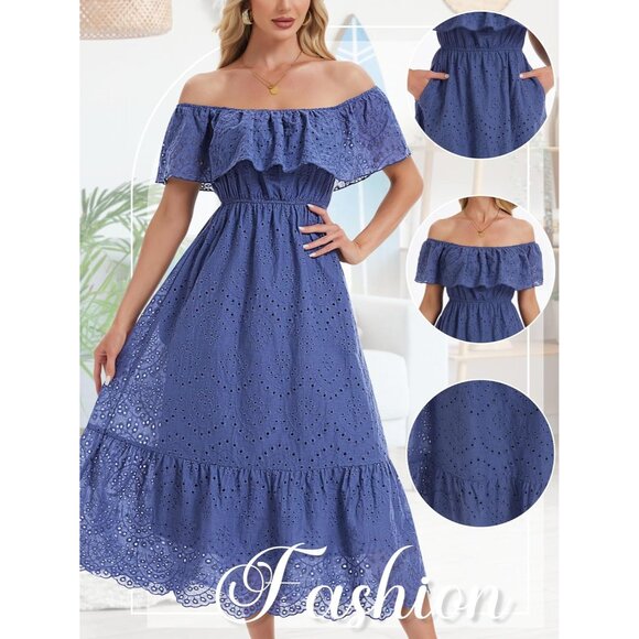 Women's Cotton Midi Dress Off-Shoulder Ruffle High Waist A-Line Casual - Picture 6 of 6